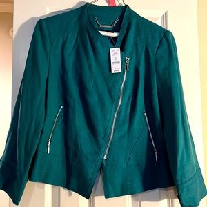 White House Black Market Green Blazer with zipper details.